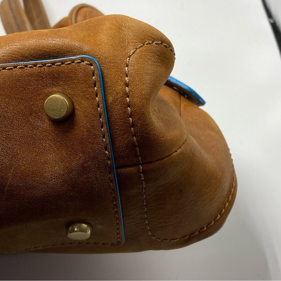 Olivia Harris tan leather tote shoulder bag subtle blue trim - Picture 2 of 12